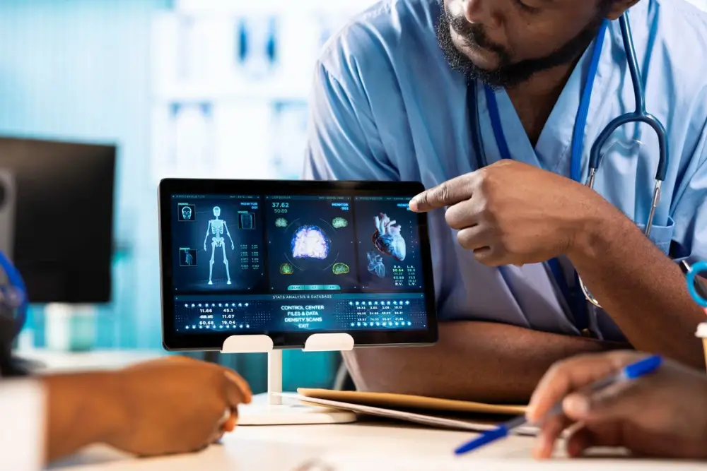 AI-powered healthcare automation tools improving patient care and diagnostics in a modern hospital setting