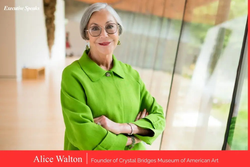 Alice Walton standing outside Crystal Bridges Museum of American Art in Bentonville Arkansas