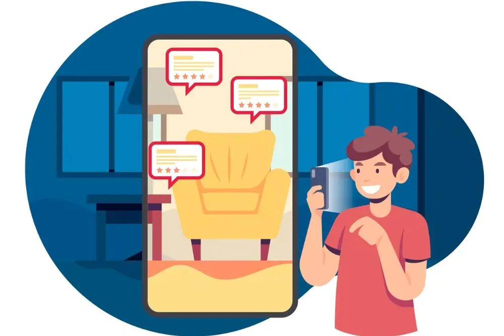 Customer reading online reviews on a smartphone before making a purchase decision