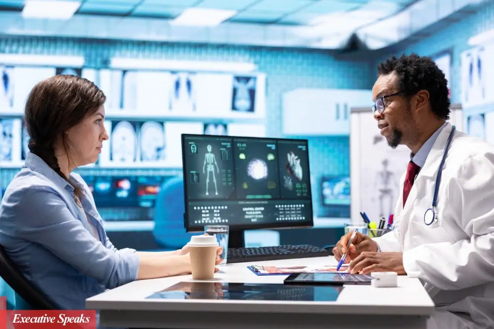 Doctor using AI-powered medical diagnostic tool on a digital screen in a modern hospital