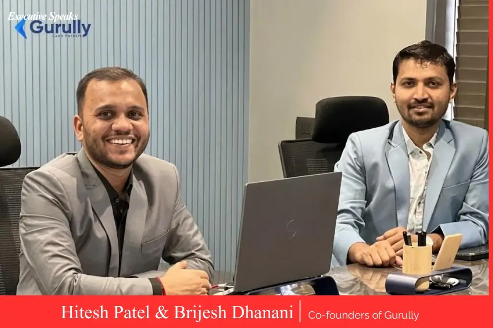 Gurully founders Hitesh Patel and Brijesh Dhanani presenting their AI-powered English language test preparation platform