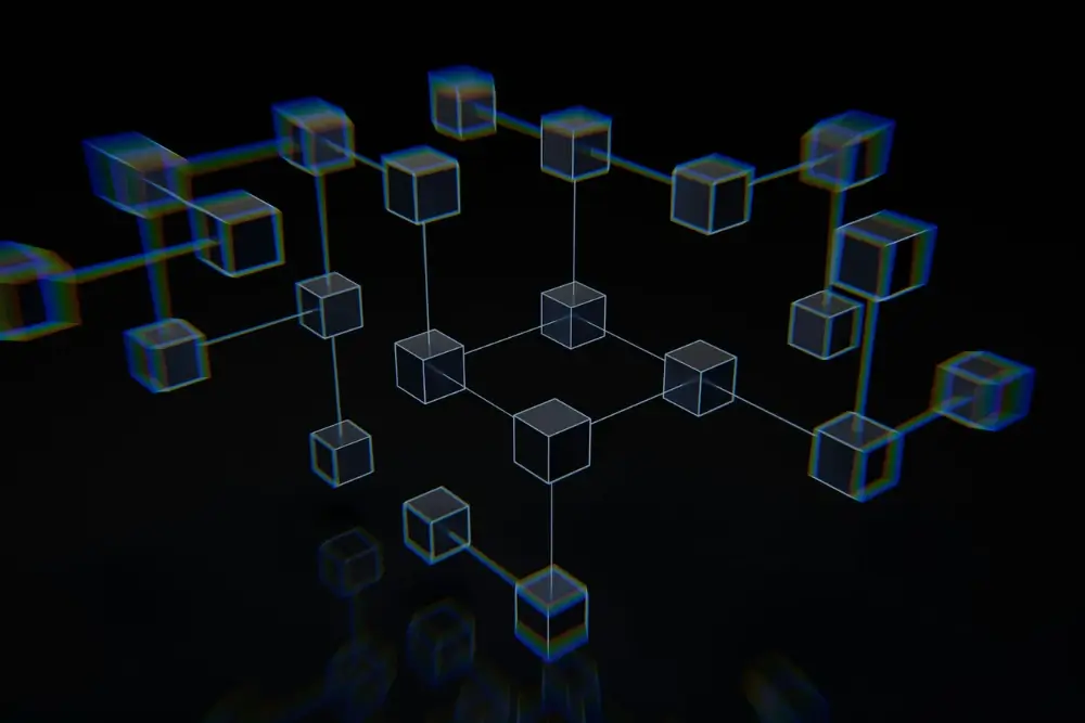 Illustration of blockchain technology connecting supply chain nodes across global manufacturers, distributors, and retailers
